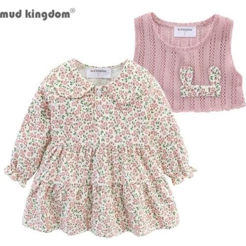 Mudkingdom Bunny Ear Baby Girl Dress Outfit Floral 2Pcs Baby Girl Flower Dress and Knit Vest Set Girls Quarter Button Dress Set