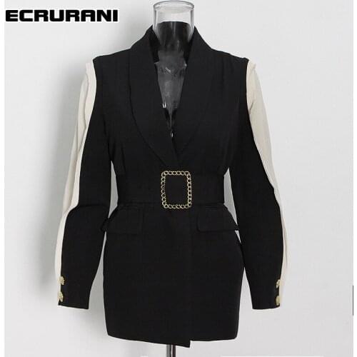 ECRURANI Colorblock Elegant Blazers For Women Notched Long Sleeve Patchwork Casual Blazers 2021 Female Fashion Autumn New Style