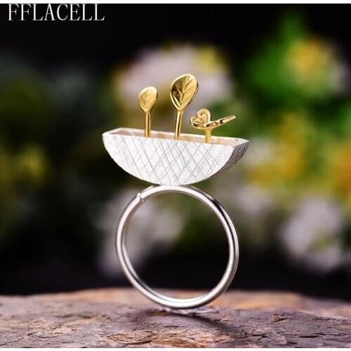 FFLACELL 2020 Fashion Unique Simple Metal Punk Silver Color Planter And Butterfly Adjustable Open Ring Women Party Jewelry Gift