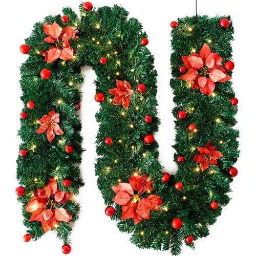 2.7M Christmas Red Flower Rattan Garland With Shiny LED String lights Fake Green Pine leaves Garland Christmas Tree Decorations