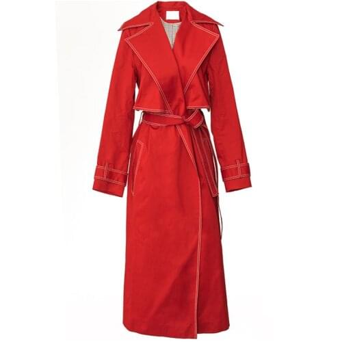 X-long red office lady trench coat women double breasted lapel England style windbreaker plus size 2XL