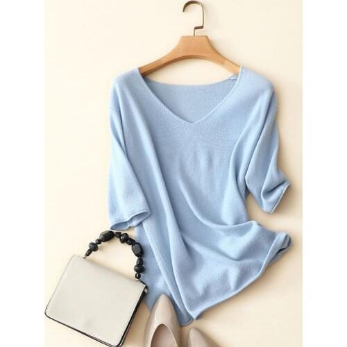 Cashmere knit women short sleeve tshirts vneck tees spring summer thin tops light blue M/L wholesale retail
