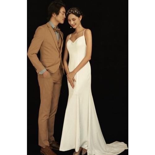 KAUNISSINA Soft Satin Wedding Dresses Sexy Backless Mermaid Wedding Gowns Spaghetti Straps Simlple Bridal Dress Robe De Mariee