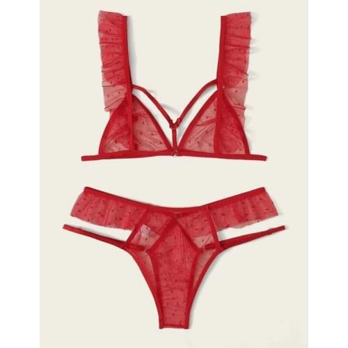 2-Piece Lace Bra Set Red Colors Women Little bit Transparent Bra + Panty Lingerie Set Fashion Sexy Underwear