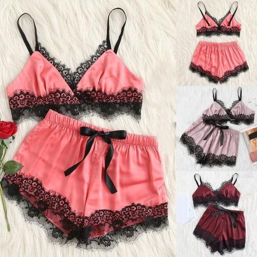 Erotic Lingerie Pajama Set Lace Sling 3 Sizes Summer Sleeveless Sexy V Neck Black Lace Shorts Pijama Homewear for Women 2021
