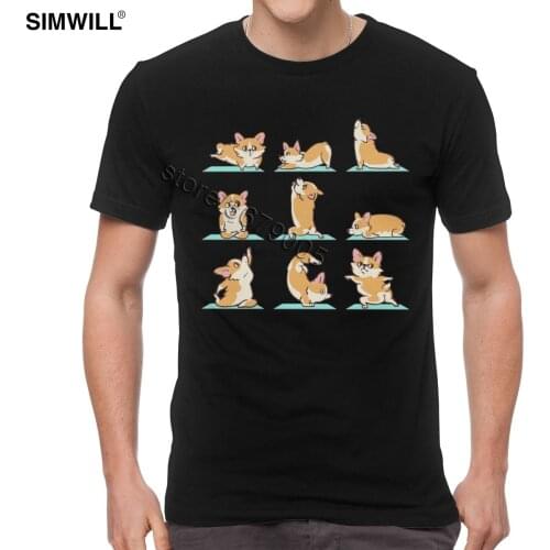 Funny Corgi Yoga Shirt Men Cotton Kawaii Pet Lover T Shirts Short Sleeves Graphic Tees Gift for Pembroke Welsh Dog Owner T-shirt