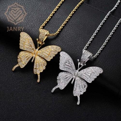 JANRY New Butterfly Pendant Necklace Hip Hop Zircon Gold Silver Color Necklace With 60cm Stainless Steel Rope Chain For Women