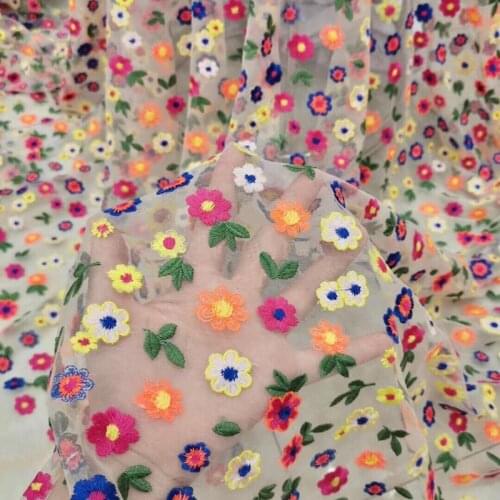 By the Yard Translucent Soft White Cotton Colors Embroidery Small Flower Mesh Lace Fabric for Dress, Black, Apricot 130cm Width