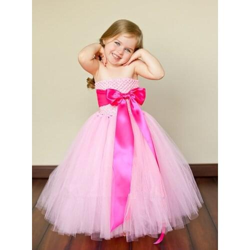 Little Girls Pink Long Tutu Dress Baby Crochet Tulle Dress Ball Gown with Big Ribbon Bow Kids Wedding Party Costume Dresses