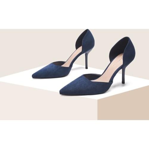 Thin Heeled Pointed Toe High Heels Women Spring New Model Blue 5cm Hipster Girls Hollow Semi-High Heeled Single Shoes Women