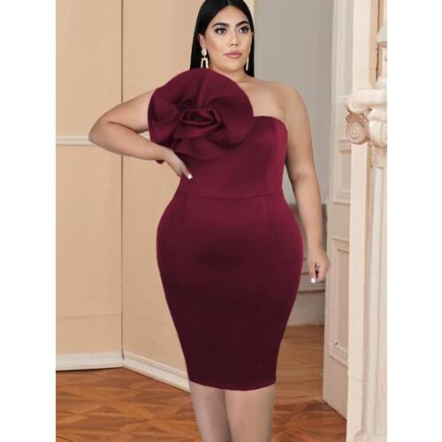 Evening Party Dresses Plus Size One Shoulder Flower Bodycon Birthday Cocktail Event Occasion Curvy Women Dress Dropshipping 2021