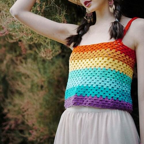 Handmade Crocheted Rainbow Sling Matching Vest Sleeveless Sweet Bohemian Tank top