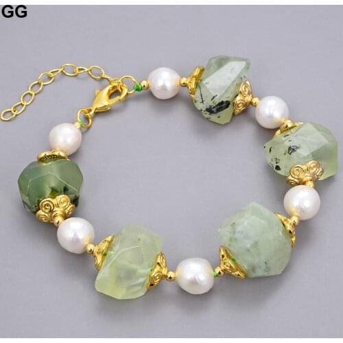 GuaiGuai Jewelry Natural Stone 8'' Cultured White Keshi Pearl Green Prehnite Quartz Bracelet For Women