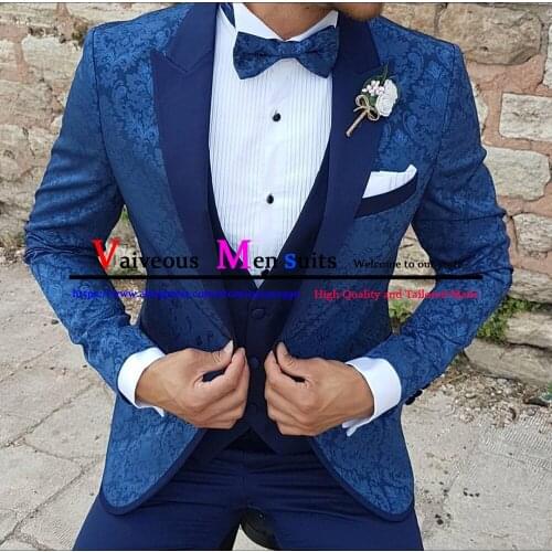 Royal Blue Jacquard Groomsmen Groom Tuxedos Custom Made Shawl Lapel Men Suits Wedding Prom Best Man Blazer Jacket with Pants Set