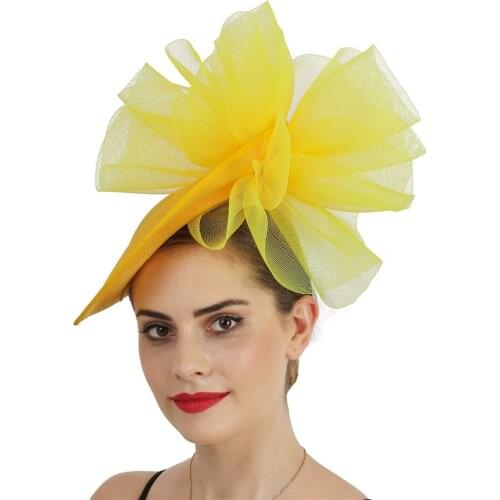 Women Big Fashion Fascinator Wedding Hat Yellow Chapeau Cap On Hair Clip Bride Wedding Party Hair Accessories Kenducky Fedora