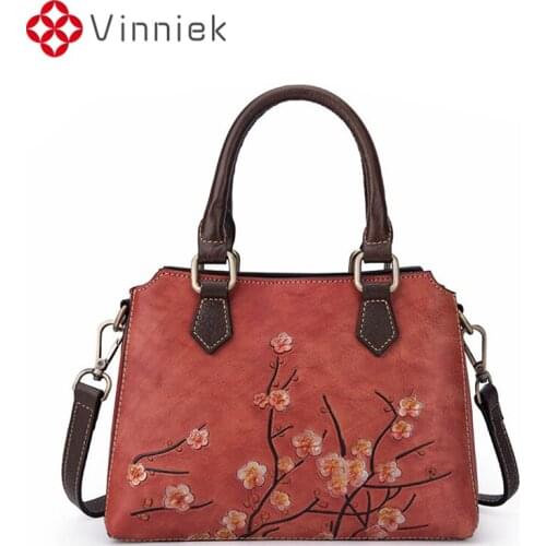 Genuine Leather Retro Women Bag Handmade Embossing Versatile Shoulder Bags High Quality Ladies Cross Body Bag Floral Handbags