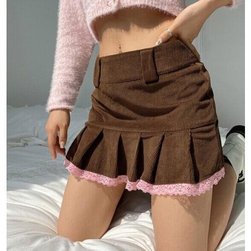 Women’s Vintage Corduroy Skirt Autumn Fashion Flounce Stitching High-waist Pleated Short Skirt Summer Solid Lady Girl Skirt