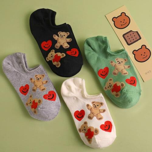 Womens Socks Cartoon Printing Kawaii little bear boat socks Cotton Harajuku short socks Cute Heart funny Girl Ankle Socks Gifts