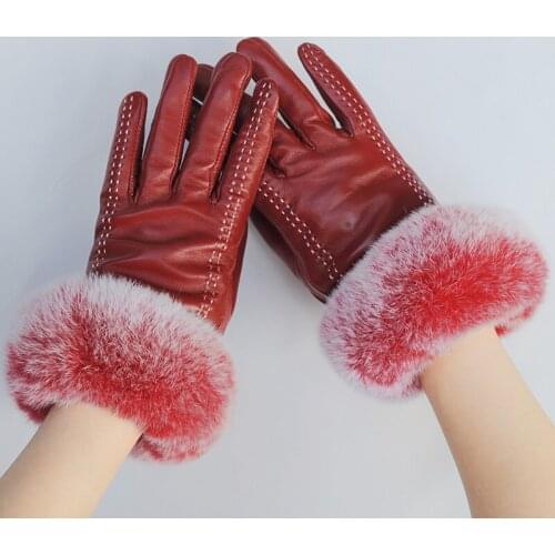 CX-A-141 Winter Genuine Natural Rex Rabbit Fur Lined Warm Sheep Leather Gloves for Women