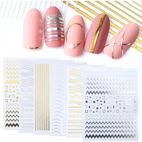 Gold Silver 3D Sticker Nail Art Decal Geometric Metal Line Nails Sticker Straight Wave Pattern Nail Art Decoration LYSTZG001-013