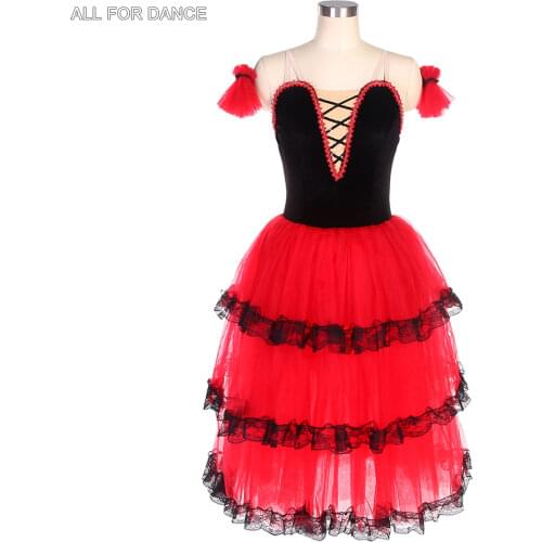 Spanish Long Ballet Tutu Black Velvet Black Top Bodice Orange Tulle Ballet Costumes Dance Tutu Ballerina Dance Costumes