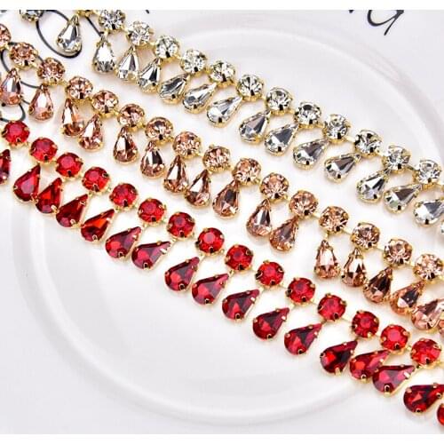 20cm/Lot Glass Rhinestone Chain 8mm Round+8x13mm Teardrop Clear Crystal Trimming Gold Metal Base 2cm Width Sew On Garment DIY