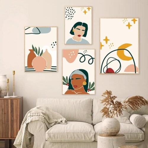 Abstract Girl Portrait Canvas Painting Minimalist Tropical Plant Wall Art Poster Nordic Aesthetic Picture for Living Room Decor
