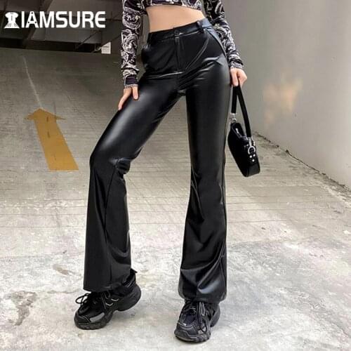 IAMSURE Cool Black Women Pu Pants Casual Low Waist Slim Leather Trousers Wide Leg Pants 2021 Winter Warm Streetwear Fashion Y2K
