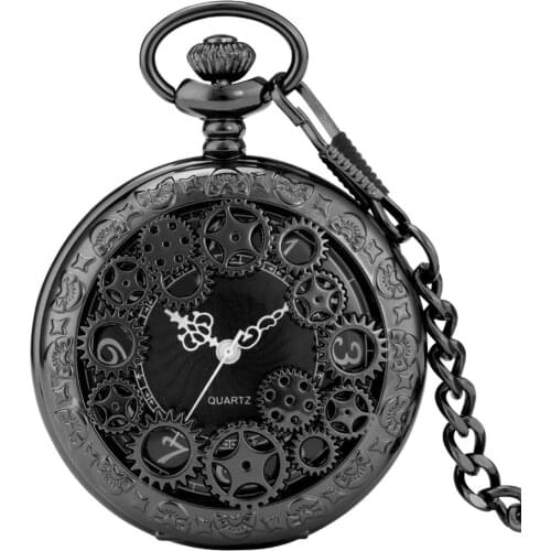 Antique Black/Silver/Gold Gear Design Half Hunter Quartz Pocket Watch Arabic Numerals Display Vintage Pendant Pocket Clock
