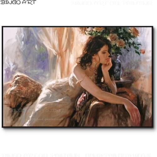 Pure Hand-painted High Quality Elegant Lady Leaning on the Sofa Oil Painting Handmade Beautiful Europe Lady Figure Oil Painting