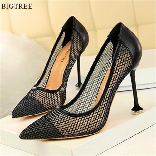 Breathable Lace Air Mesh Single Shoes 2021 Summer High Heels Fashion Wedding Shoes Pointed Toe Sexy Cut-Outs Party Women Pumps