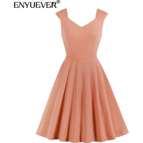 Enyuever Women Dress Summer Clothes 2021 Sleeveless V Neck Robe Pin Up Swing Solid Color Elegant Formal Party Ladies Dresses