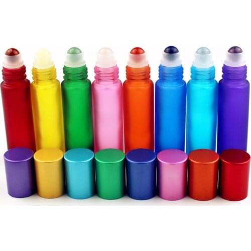 3pcs 10ml Colorful Glass Essential Oil Bottle with Natural Gemstone Roller Ball Empty Refillable Perfume Bottles Liquid Roll On
