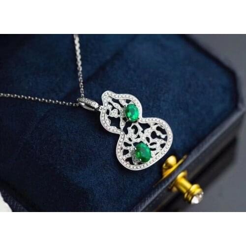 Lucky auspicious gourd Natural green emerald stone pendant S925 silver Natural gemstone Pendant Necklace women party jewelry