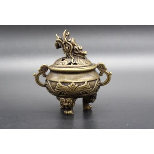 Mini) Exquisite Chinese Old-style Hollow-out Brass Dragon Head Censer