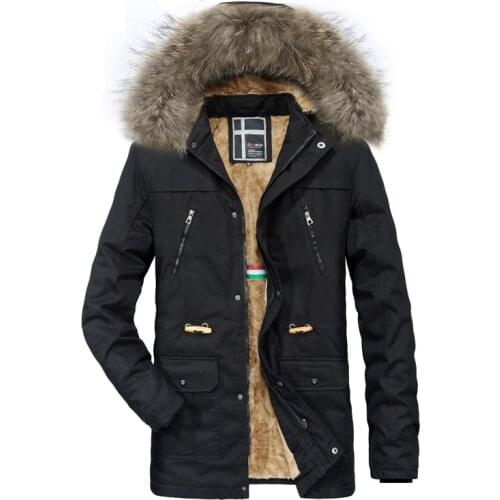 Mens Plus Velvet Thick Cotton-padded Clothes Mid-length Fur Collar Warm Trench Coat Waist Drawstring Cotton-padded Coat