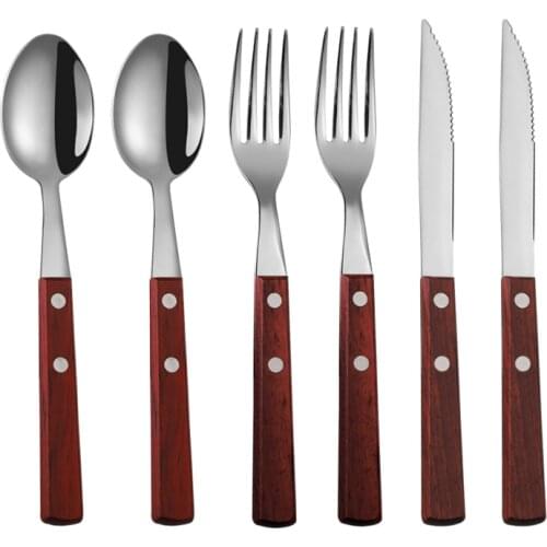 6pcs Cutlery Set Silverware Tableware Fork Spoon Knife Set Kitchen Dinnerware Set Stainless Steel with Wood Holder