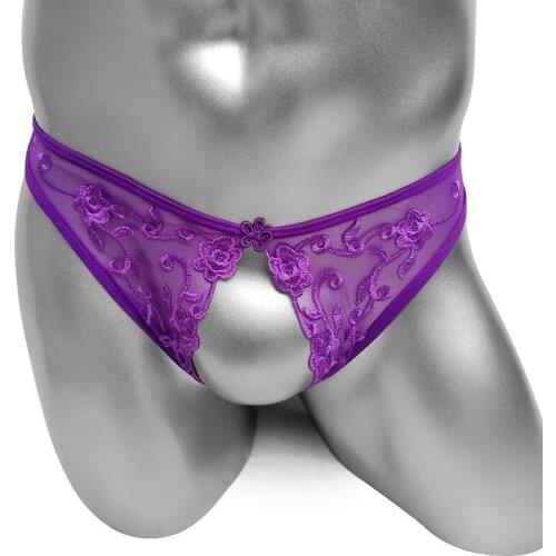 Embroidery Mens Sissy Open Crotch Buttless Lingerie Exotic Crotchless G String Panties with Open Penis Sexy Gay Underwear