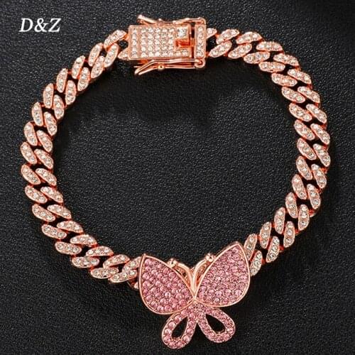 D&Z New Cuban Link Bracelet With Butterfly Bling Iced Out Rhinestone Miami Link For Females Hip Hop Street Bracelets Jewelry