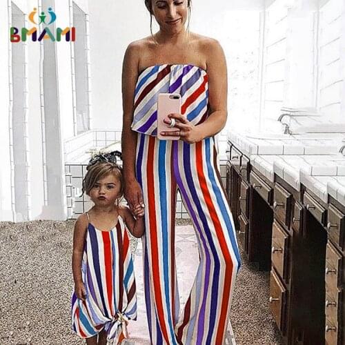 Family Matching Outfits 2020 Summer Striped Mother and Daughter Clothes Mom Off-shoulder Ruffle Long Jumpsuit Kids Girls Dresses
