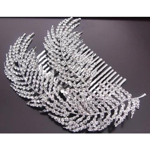 Hot sale feather Shape Crystal Wedding Handmade Shiny Bridal Hair Combs Jewelry vintage hair accessories