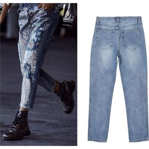 Distressed Sequin Hole Jeans Women Pant Skinny Mid Waist Pencil Pants Denim Jean Ladies Trousers Ankle-length Pants AM0457