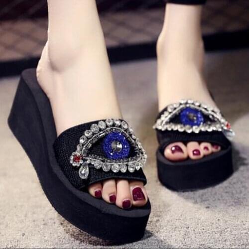 Sandals women crystal eyes wedges sandals stretch fabric platform slippers female cozy soft bottom beach women slippers s144