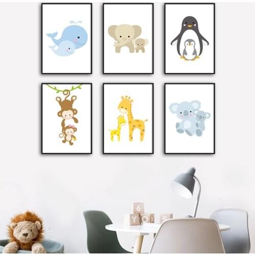 Elephant Monkey Giraffe Koala penguin whale Wall Art Canvas Painting Nordic Posters And Prints Wall Pictures child Room Decor