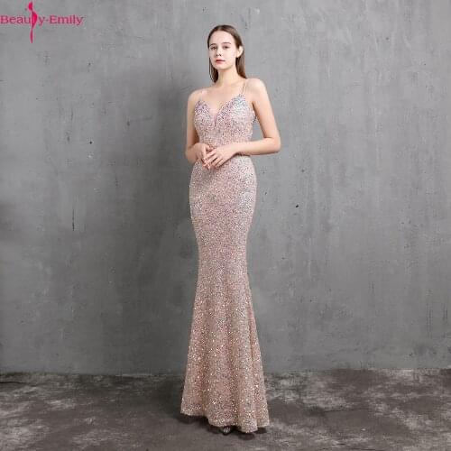 Sexy V Neck Spaghetti Strap Sleeveless Women Mermaid Evening Dress Long 2021 Luxurious Sequined Zipper Back Formal Party Dress