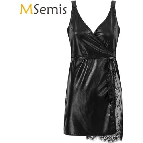 Womens Lingerie See-through Lace Patchwork Belted Dresses Clubwear V Neck Wide Shoulder Straps Patent Leather Dress Nightdress