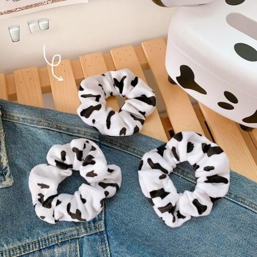 Winter Cow Pattern Hair Rope Women Velvet Scrunchie Rubber Band Soft Warm Elastic Hair Bands Christmas Gifts Hair Accessories