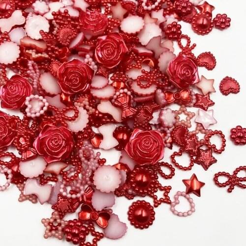 50/100pcs Red ABS Resin Half Round Flower Bow Alien Pearls For Art Flatback Non Hotfix Rhinestones Shoes Beads DIY