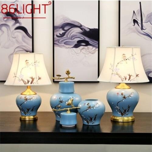 86LIGHT Ceramic Table Lamps Blue Luxury Bird Brass Fabric Desk Light Home Decorative for Living Room Dining Room Bedroom