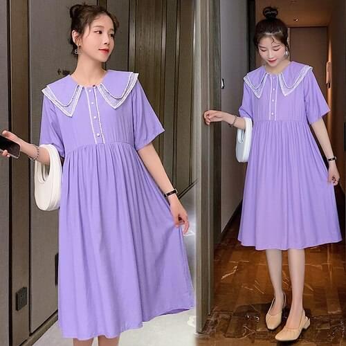 97390# Maternity Clothes Summer Cotton Short Sleeves Loose Stylish Mid-Long Dress Pregnant Women Pregnancy Clothes